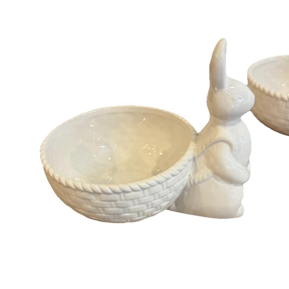 White Ceramic Bunny Bowl Easter Farmhouse Candy Trinket Dish Happy‎ Easter NWOT